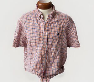 Ralph Lauren Linen Blue Orange Plaid Short Sleeve Button Up Shirt Size XL